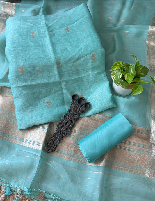 Pistachio green Linen handloom banarsi kadwa booti meenakari three piece suit