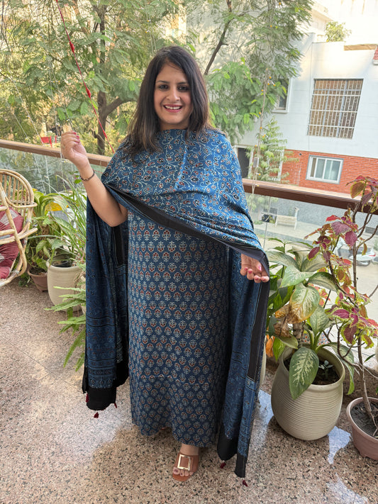 INDIGO BLUE AJRAKH MODAL SILK HANDBLOCK KURTA SET