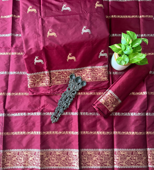 Antique Maroon Katan silk certified handloom banarsi kadwa booti three piece suit