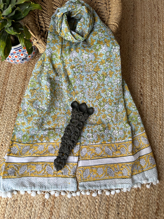 GREEN FLORAL JAAL HANDBLOCK MULL COTTON STOLE