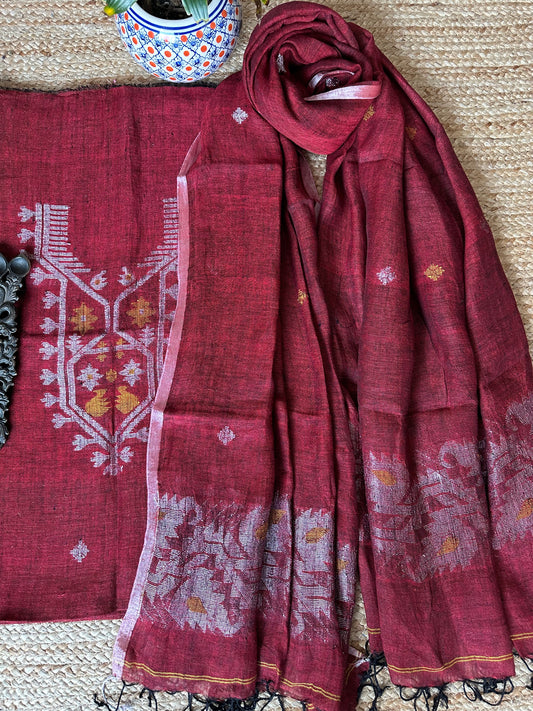 MAROON WOVEN LINEN KURTA SET LJS- 1018