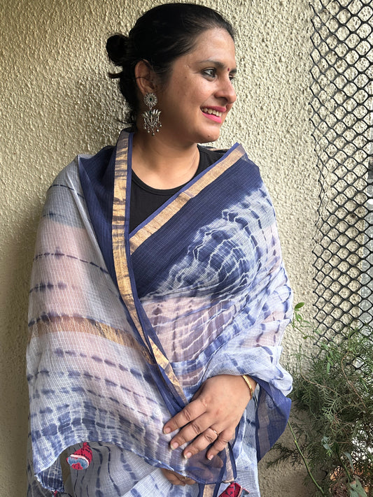 White blue kota shibori doria handblock sari