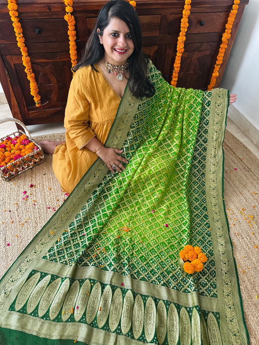 Shamrock and leaf green Handwoven NeemZari Bareek Bandhani in Khaddi Georgette dupatta BD-1010