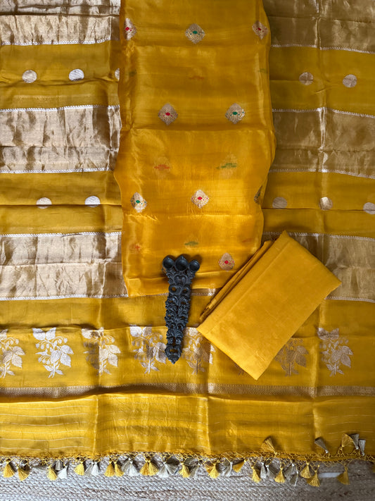 Chrome Yellow kora silk certified handloom banarsi kadwa booti meenakari three piece suit