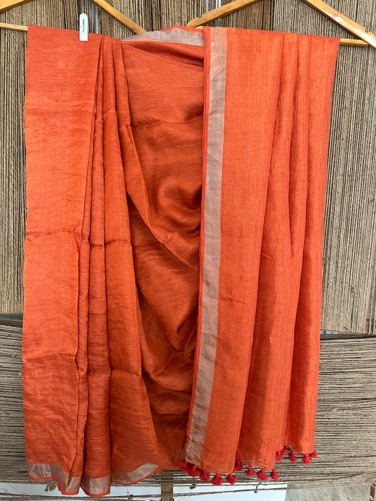 MARMALADE ORANGE SILVER METALLIC LINEN SARI WITH WOVEN BORDER AND TASSELS ML-63