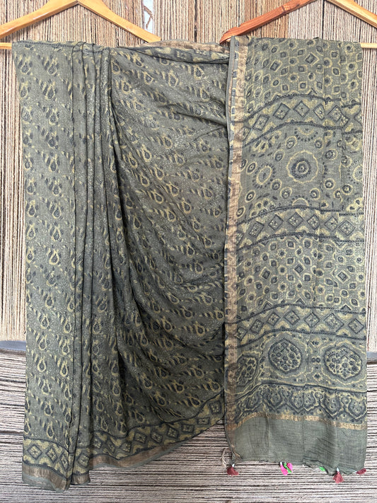 OLIVE GREEN KOTA AJRAK HANDBLOCK SARI