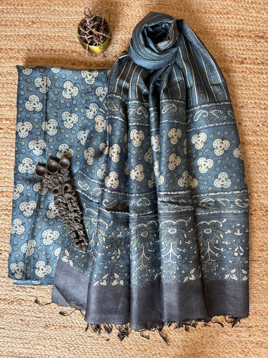 INDIGO BLUE AJRAKH TUSSAR SILK HANDBLOCK SUIT SET TSS- 15