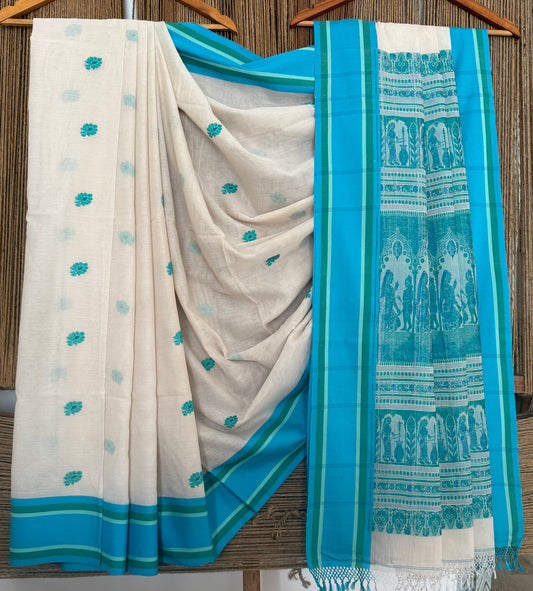 WHITE & SKY BLUE HANDWOVEN HANDLOOM BALUCHARI AUTHENTIC BENGAL HERITAGE WEAVE COTTON SARI