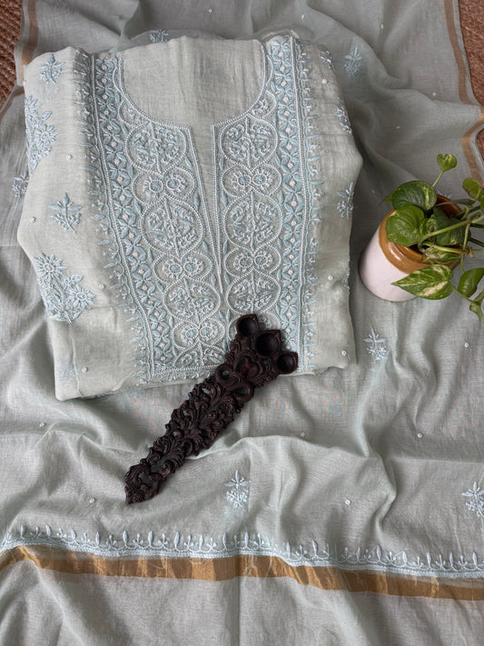 LIGHT CELADON GREEN PREMIUM MULL CHANDERI LUCKNOWI CHICKENKARI WITH MOTI WORK HAND EMBROIDERY THREE PIECE SUIT