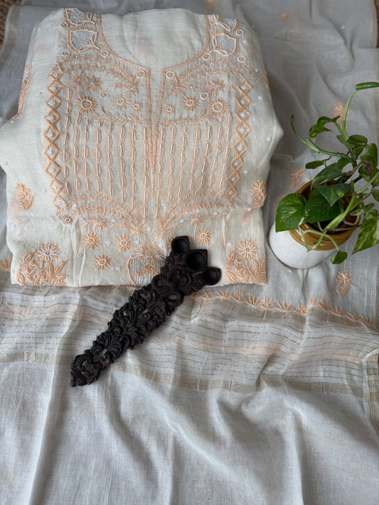 WHITE & PEACH EMBROIDERY PREMIUM MULL CHANDERI LUCKNOWI CHICKENKARI WITH MOTI WORK HAND EMBROIDERY THREE PIECE SUIT