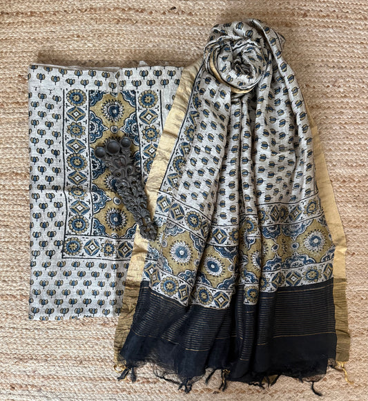 BEIGE AJRAKH BUTTA LINEN SILK HANDBLOCK SUIT SET