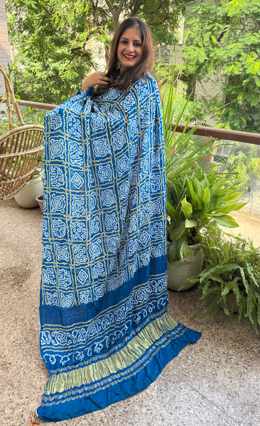 Peacock Blue rai bandhani gajji silk Handcrafted Gharchola dupatta