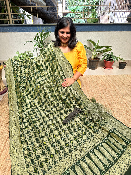 Green Handwoven NeemZari Bareek Bandhani in Khaddi Georgette dupatta