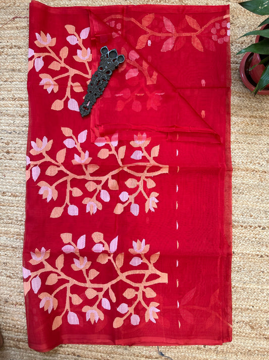 RED JAMDANI HANDWOVEN PURE MUSLIN SILK SARI MJS 51