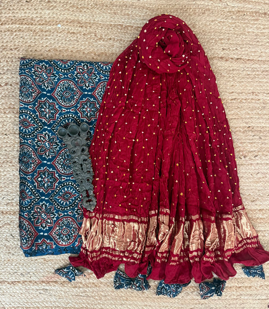 Blue & maroon ajrakh mashru silk kurta with bandhani handcrafted modal silk dupatta