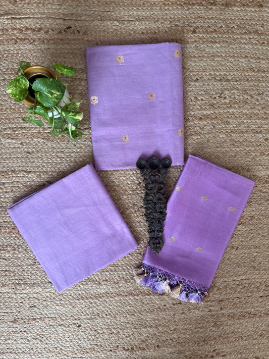 Pastel Purple Cotton silk certified handloom banarsi kadwa booti meenakari With kora Dupatta three piece suit