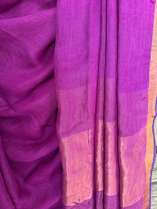 Purple linen sari with woven border