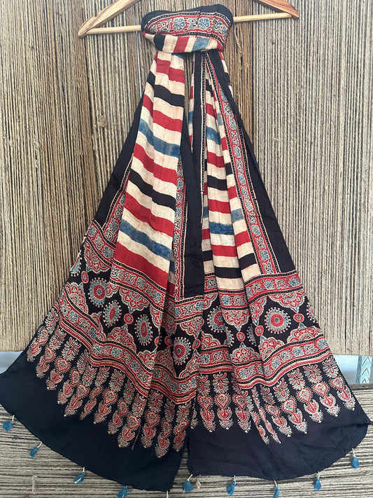 BEIGE MAROON MODAL AJRAKH SILK STOLE
