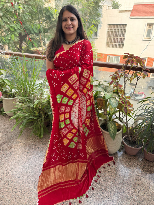 RED MODAL SILK HANDKNOTTED BANDHANI SHIBORI SARI bss-1