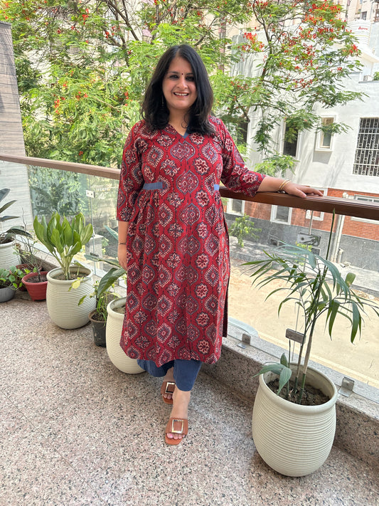 RED MAROON COTTON AJRAKH HANDCRAFTED KURTA