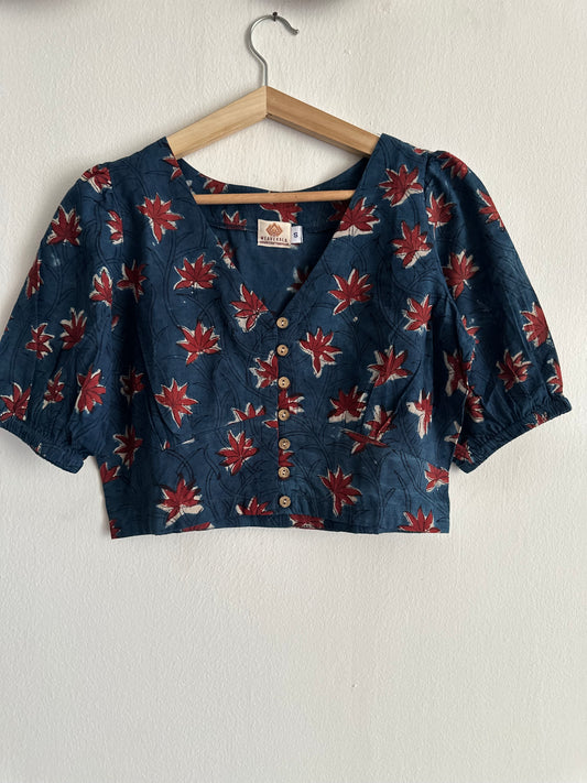 INDIGO BLOCKPRINT COTTON BLOUSE BLOUSE WITH WOODEN BUTTON