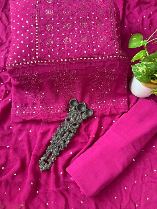 Barbie Pink premium mukesh work Georgette lucknowi chickenkari hand embroidery three piece suit