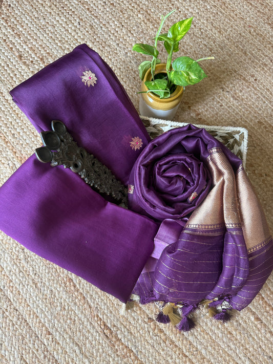 Purple kora silk certified handloom banarsi kadwa booti three piece suit