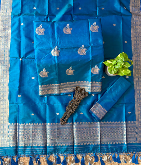 Peacock Blue Katan silk certified handloom banarsi kadwa booti three piece suit