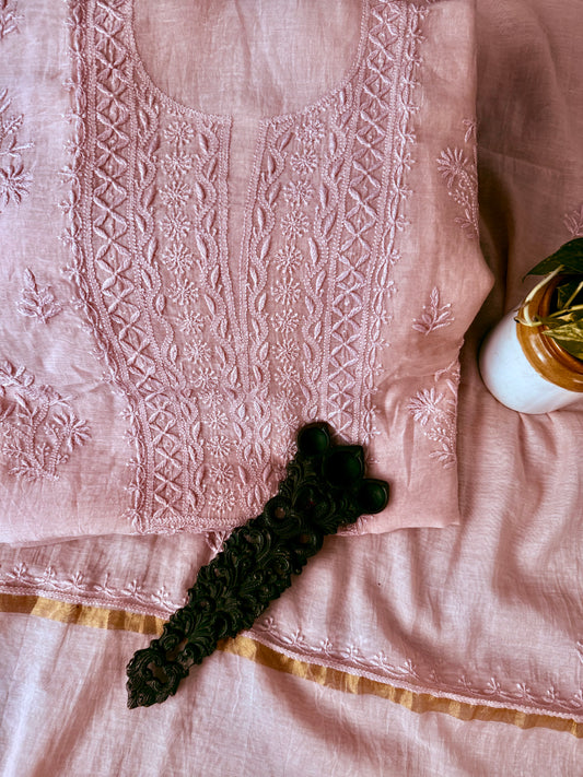 BALLERINA PINK PINK PREMIUM MULL CHANDERI LUCKNOWI CHICKENKARI HAND EMBROIDERY THREE PIECE SUIT