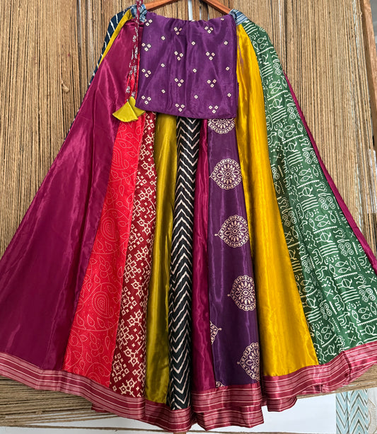Eggplant Purple mashru silk blouse-with Multicolour patchwork handcrafted mashru silk Skirt