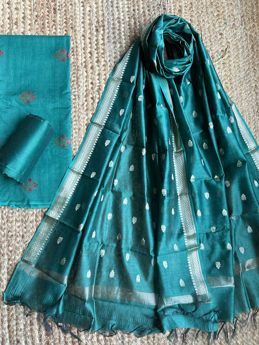 TEAL GREEN CHANDERI HANDLOOM THREE PIECE SET SUIT