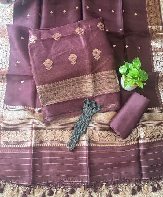 Brown Coffee Linen handloom banarsi kadwa booti meenakari three piece suit