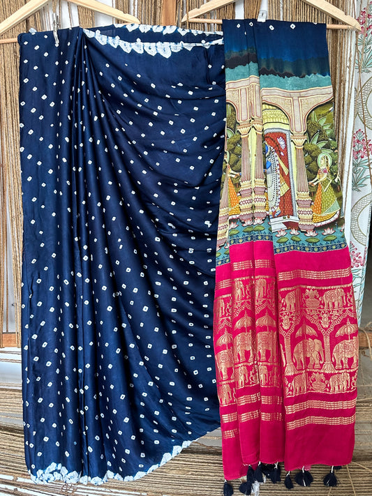 Blue Modal silk bandhani handcrafted with Pichwai Print Sari in Nakshi Elephant Border BPS 23