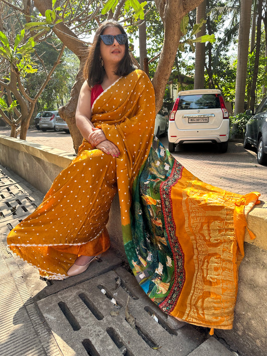 MUSTARD YELLOW MODAL SILK BANDHANI SARI WITH PICHWAI PRINT BPS 5