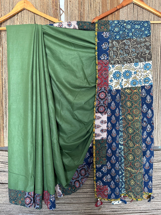 OLIVE GREEN PATCH WORK AJRAKH HAND CRAFTED MULL SAREE