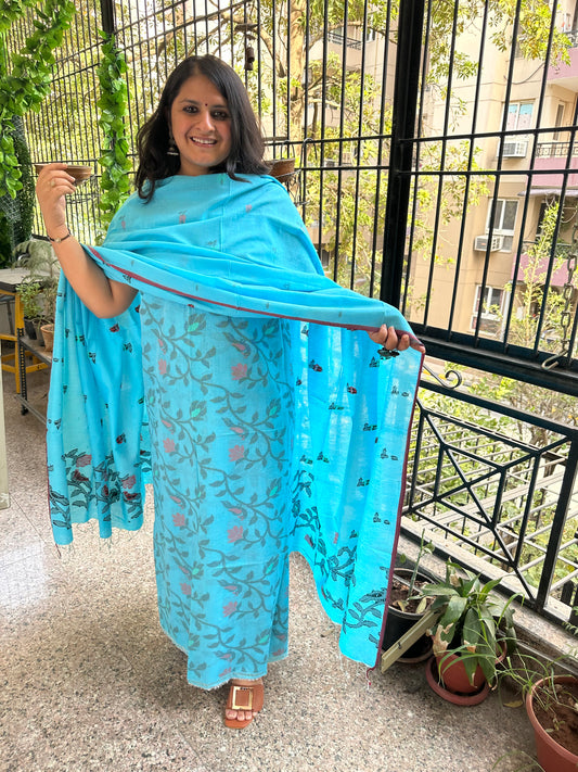 BLUE ALL OVER WOVEN MULL KURTA SET JAK- 20