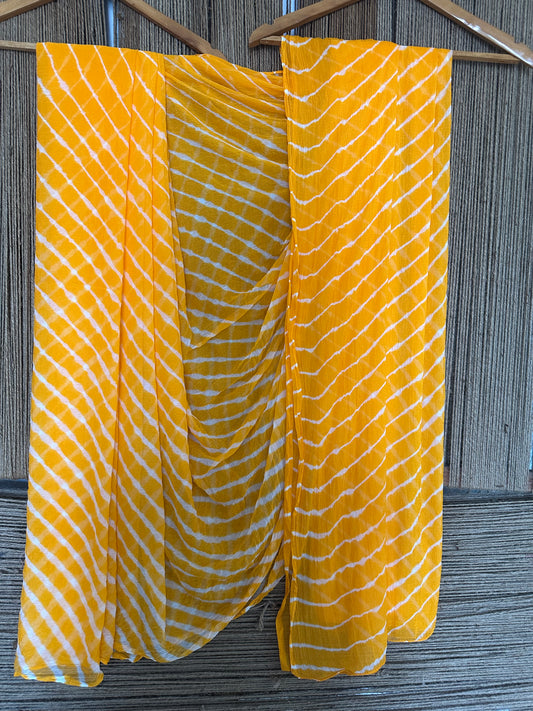 Orange yellow leheriya handcrafted chiffon sari