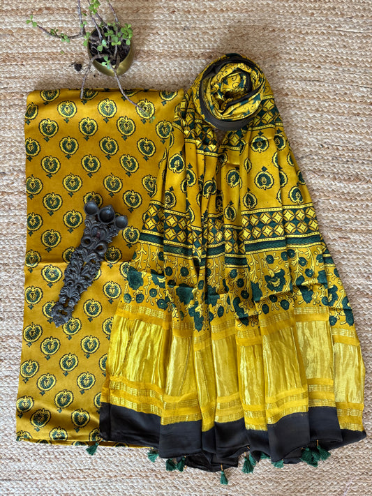 MUSTARD YELLOW AJRAKH MODAL SILK HANDBLOCK KURTA SET