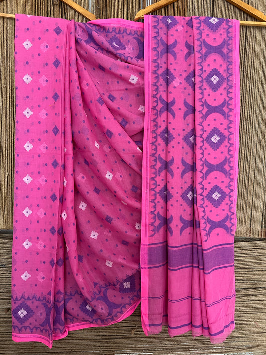 ULTRA PINK MULL HANDLOOM COTTON JAMDANI WOVEN SARI