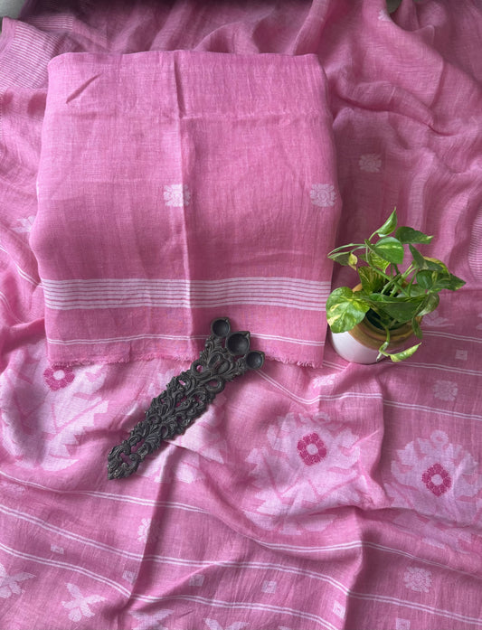 SALMON PINK PURE JAYSHREE LINEN JAMDANI HANDWOVEN KURTA SET