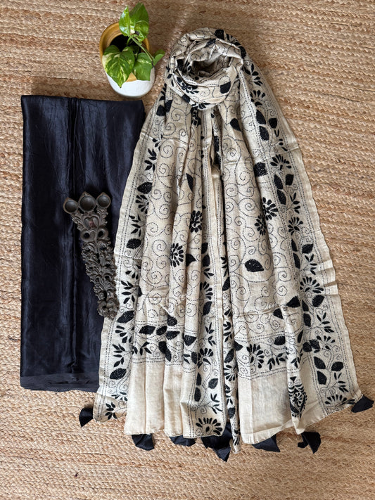 Black Solid mashru silk kurta with Natural Beige kantha work hand embroidery Pure Tussar Silk dupatta