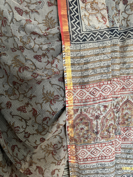 GRAY MAROON KOTA DORIA HANDBLOCK SARI