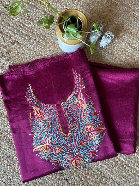 MAGENTA PURPLE MASHRU SILK HAND EMBROIDERY KASHMIRI HANDEMBROIDERY SOZNI WORK CORD SET Cs- 29