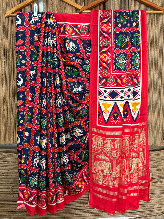 Royal blue red modal silk patola print sari with zari border pms- 1085