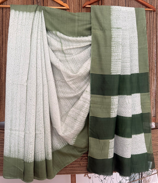 White Green handloom cotton silk handdye Shibori sari