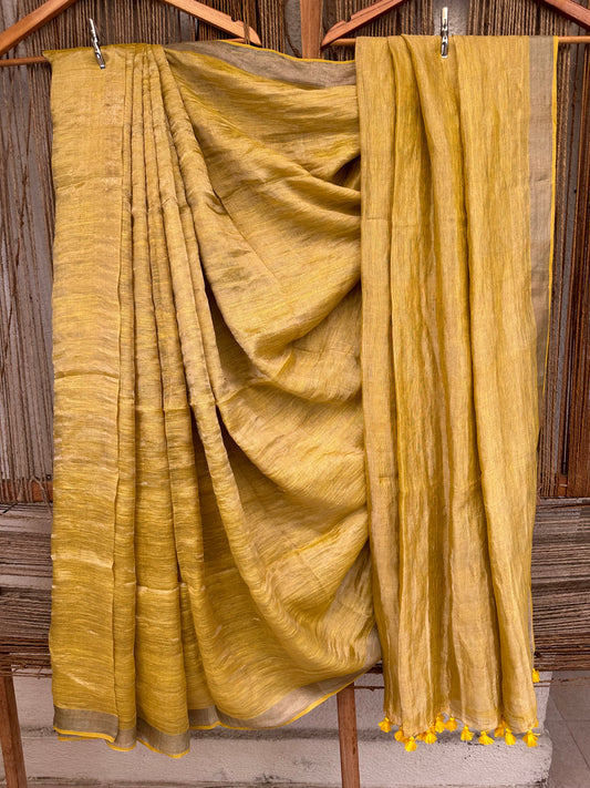 YELLOW GOLD METALLIC LINEN SARI WITH WOVEN BORDER ML-53