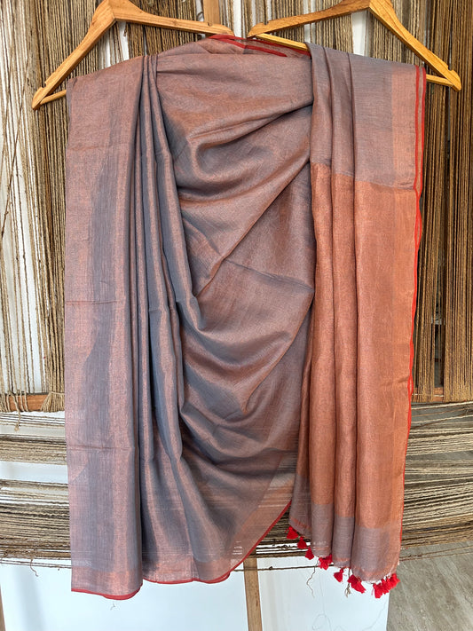 POWDER BLUE TISSUE LINEN ZARI SARI WITH WOVEN RED BORDER TL-25