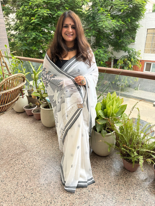 WHITE & GREY CLASSIC AUTHENTIC HANDWOVEN JAMDANI WEAVING PURE COTTON SARI