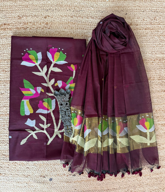 Sunset Maroon handwoven jamdani pure cotton silk kurta set mjk