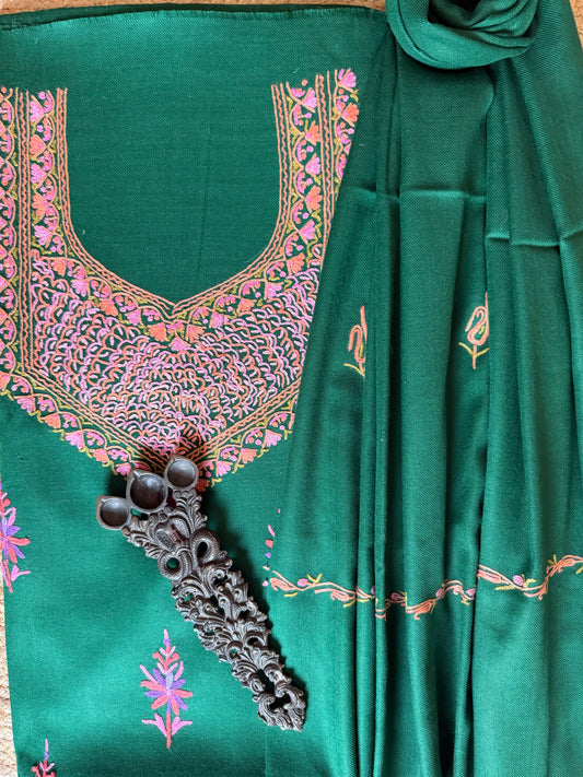 GREEN THREE PIECE EMBROIDERED WORK MERINO WOOL UNSTITCHED SUIT SET WITH HAND EMBROIDERY (AARI WORK / SOZNI) WS -1